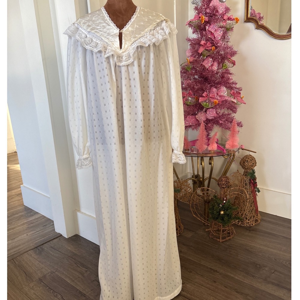 Vintage Vandemere Womens White Lace Trim Long Sleeve Nightgown ‎ Large